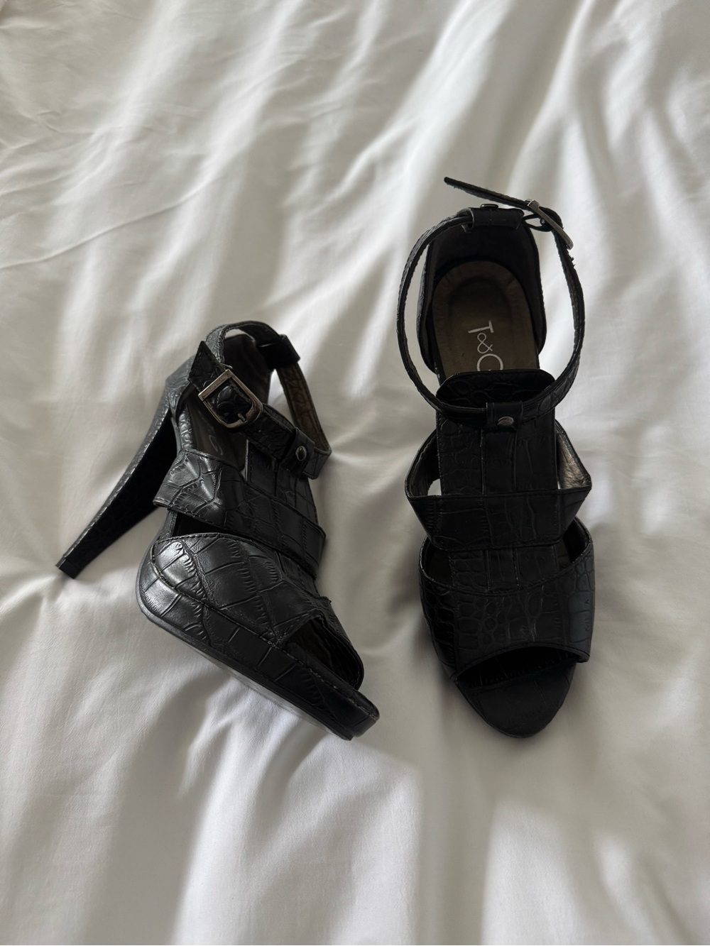 Black Croc-Embossed High Heel Sandals